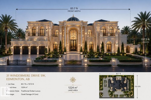Property Listing. Presenting property specifications including dimensions, land area, and architectural style - 31 Windermere Drive, Edmonton, AB 