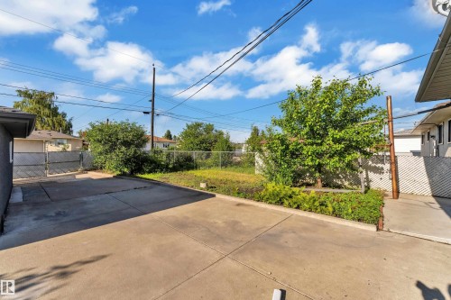 Paved concrete driveway and surrounding yard space featuring established trees, mature landscaping, and chain link fencing - 8104 135 Avenue, Edmonton, AB 
