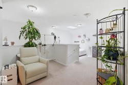 Loft area featuring neutral carpeting, a skylight, and recessed lighting - 