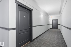 Hallway with textured gray carpeting, white walls, and dark gray wainscoting - 