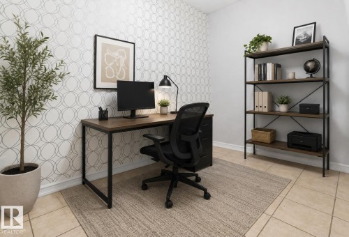 Neutral-toned tile flooring complements a feature wall with a geometric circle pattern - 226 4304 139 Avenue, Edmonton, AB 