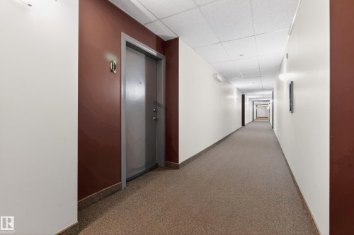 Interior hallway featuring neutral-toned carpeting, white and accent-colored walls, and a suspended ceiling with integrated lighting - 226 4304 139 Avenue, Edmonton, AB 