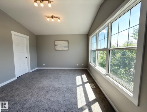 Room featuring expansive windows with white framing, gray carpeting, neutral wall color, and track lighting fixtures - 3110 Paisley Road, Edmonton, AB 