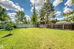 Expansive backyard featuring a manicured lawn, established trees, and perimeter fencing - 