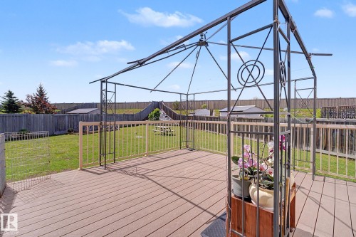 Spacious outdoor deck with wood-finish decking and a metal gazebo frame - 262 Dunvegan Road, Edmonton, AB 