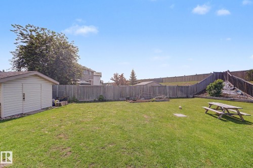 Expansive green lawn with a white storage shed and wood fencing - 262 Dunvegan Road, Edmonton, AB 