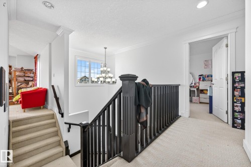Hallway with an upstairs landing, light carpet, hanging lights, a textured ceiling, and crown molding - 1660 Malone Way, Edmonton, AB 