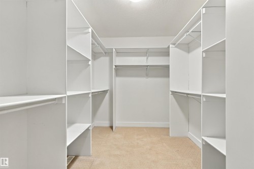 Walk-in closet featuring extensive built-in shelving, multiple hanging rods, and neutral carpet flooring - 1660 Malone Way Nw, Edmonton, AB 