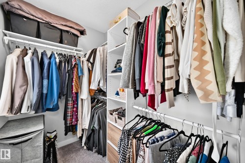 Walk-in closet featuring built-in shelving, multiple hanging rods, and integrated drawers - 93 Richmond Link, Fort Saskatchewan, AB 