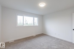 Bright interior space featuring a large window, neutral wall paint, and gray carpeting - 