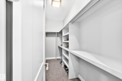 Walk-in closet featuring white built-in shelving, hanging rods, and grey carpeting - 