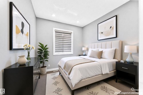 Bedroom featuring light gray walls, recessed lighting, a window with horizontal blinds, and carpeted flooring - 1781 Melrose Crescent, Edmonton, AB 