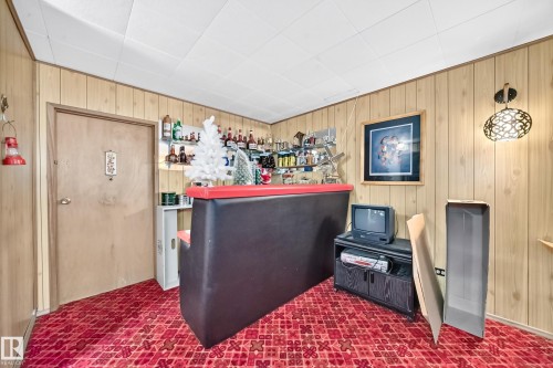 Recreational space featuring wood-paneled walls, patterned red carpeting, and a built-in bar with a black and red countertop - 13804 87 Street, Edmonton, AB 