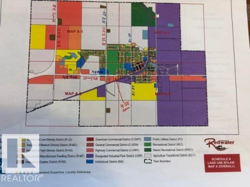 Land Use Bylaw Map A (Overall). Illustrating zoning districts and town boundaries for the property - 5520 48 Avenue, Redwater, AB 