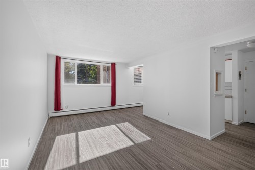 Spacious living area featuring wood-finish flooring, ample natural light from multiple windows, and a neutral white color palette - 6 10230 122 Street Nw, Edmonton, AB 