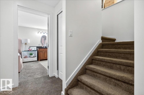 Carpeted staircase with white risers and wall-mounted handrail, leading to a light-filled upper level - 3934 160 Avenue, Edmonton, AB 
