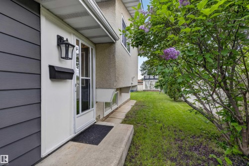White entry door with full-light storm door and black wall-mounted lantern fixture - 244 Knottwood Road N, Edmonton, AB 