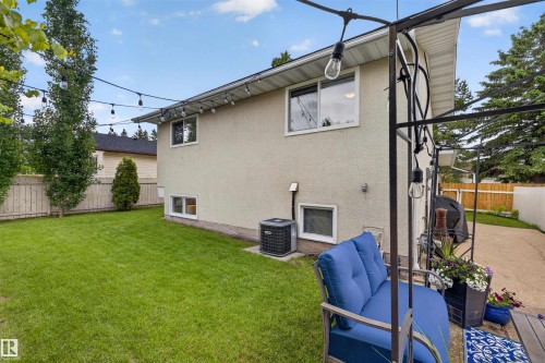 Spacious backyard featuring a manicured lawn, wood fencing, and mature trees - 244 Knottwood Road N, Edmonton, AB 