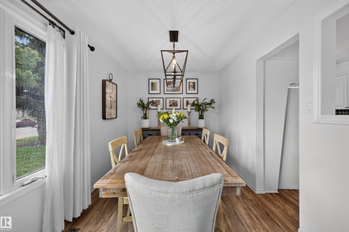 Dining area featuring wood-finish flooring, a contemporary linear chandelier, a large window, and a built-in wall niche - 244 Knottwood Road N, Edmonton, AB 