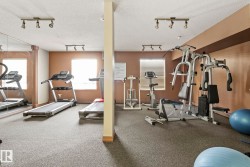 Dedicated fitness room featuring textured carpet flooring, multiple windows with horizontal blinds, and warm-toned wall paint - 