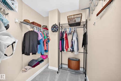 Walk-in closet featuring light beige walls and grey carpet flooring - 146 5604 199 Street, Edmonton, AB 