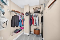 Walk-in closet featuring light beige walls and grey carpet flooring - 