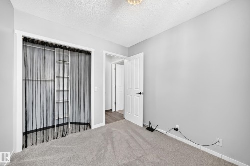 Carpeted room featuring a ceiling-mounted light fixture, light gray wall paint, and a built-in closet with shelving - 146 5604 199 Street, Edmonton, AB 