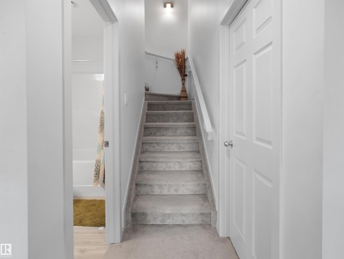 Carpeted staircase with white handrail and baseboards - 4615 175 Avenue, Edmonton, AB 