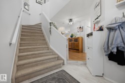 Light-toned carpeted staircase with white handrails - 