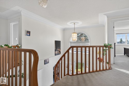 Upper landing featuring light wood railings and broadloom carpeting - 4615 43A Avenue, Edmonton, AB - Indoor Photo Showing Other Room