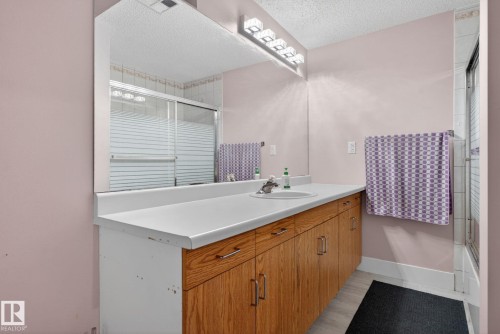 Bathroom vanity featuring a single basin sink, light-colored countertop, wood-finish cabinetry with silver-tone hardware, a large wall-mounted mirror, and a multi-bulb light fixture - 4615 43A Avenue, Edmonton, AB - Indoor Photo Showing Bathroom