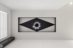 Modern interior featuring a recessed wall art installation with circular accent lighting - 
