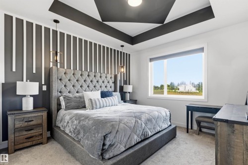 Accent wall with vertical paneling, tray ceiling with geometric dark grey detailing, light grey carpeting, and a large window providing natural light - 7 Tenor Link, Spruce Grove, AB 