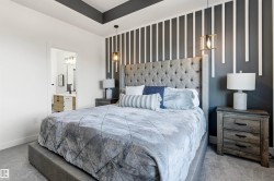 Tray ceiling with dark accent paint, gray textured carpet, and a decorative accent wall featuring vertical white strips - 