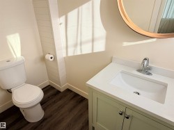 Modern vanity with integrated sink and chrome faucet - 