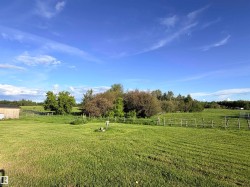 Expansive green landscape with a partial wood-sided outbuilding - 