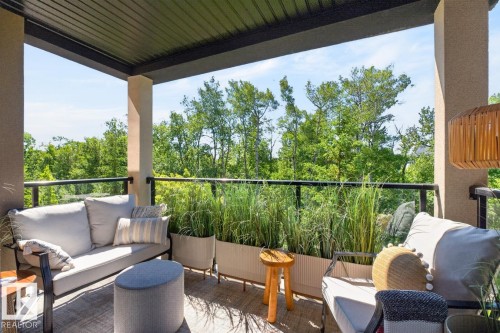 Covered outdoor patio featuring a slatted ceiling, glass railing, and planter boxes with lush greenery - 207 5025 Edgemont Boulevard, Edmonton, AB 