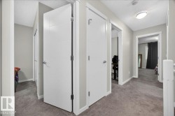 Hallway featuring contemporary white doors with horizontal detailing, neutral gray wall paint, and gray carpet flooring - 