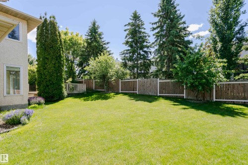 Expansive green lawn with established landscaping, featuring mature trees and shrubs - 11023 11A Avenue, Edmonton, AB 
