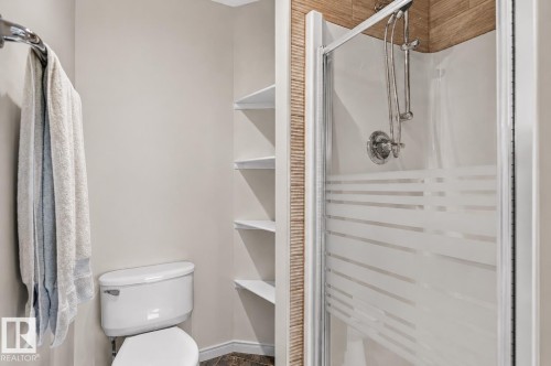 Shower enclosure with textured glass paneling and chrome fixtures, complemented by wall-mounted shelving and a white toilet - 163 Galland Crescent, Edmonton, AB 