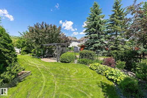 Expansive backyard featuring a lush lawn, mature trees, a dark wood pergola, and diverse garden beds with established plantings - 163 Galland Crescent, Edmonton, AB 