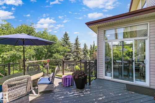 Spacious outdoor deck featuring dark wood-finish flooring and a black metal railing system - 163 Galland Crescent, Edmonton, AB 