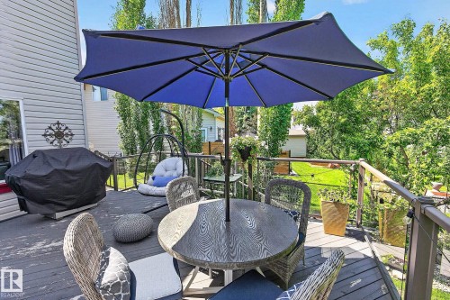 Spacious outdoor deck featuring wood-finish flooring and dark railings - 163 Galland Crescent, Edmonton, AB 