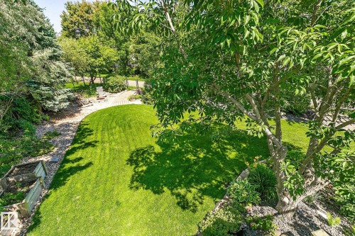 Expansive backyard featuring a lush lawn, mature trees, a curved paver patio, a stone-lined garden area, and raised garden beds - 163 Galland Crescent, Edmonton, AB 