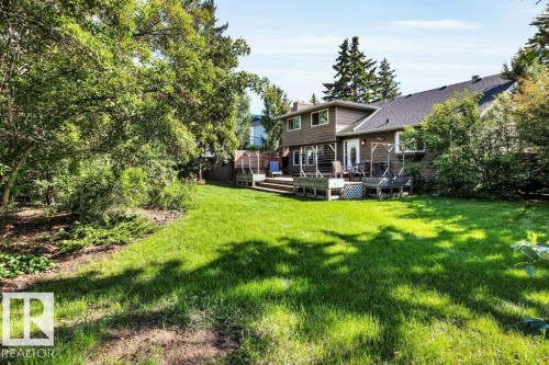 Spacious backyard featuring an expansive lawn, mature perimeter trees, and a multi-level deck with a privacy fence - 11742 29 Avenue, Edmonton, AB 