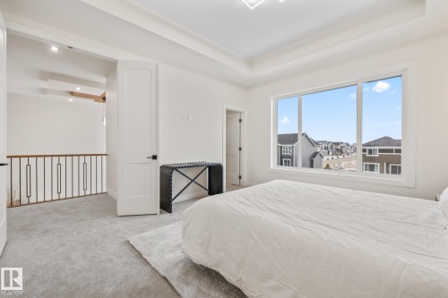 Spacious room featuring a large multi-pane window, light gray carpeting, and a tray ceiling - 132 Edgewater Circle, Leduc, AB 