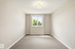 Neutral-toned interior room with textured carpeting, white trim, and a double-pane window - 