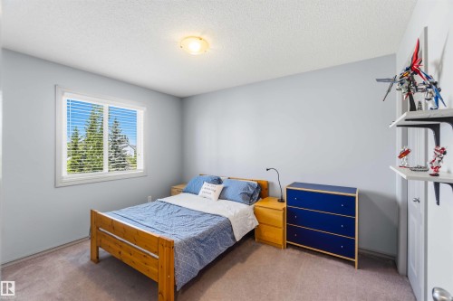 Light-filled room featuring a broad window with horizontal blinds, neutral carpet flooring, light blue wall paint, a built-in closet with white doors, and a ceiling-mounted light fixture - 3061 Spence Wynd, Edmonton, AB 