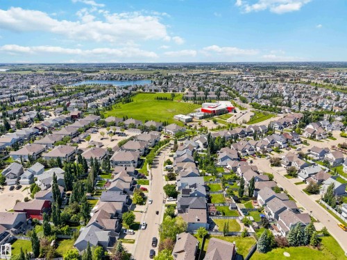 Aerial perspective showcasing a residential neighborhood with varied architectural styles - 3061 Spence Wynd, Edmonton, AB 
