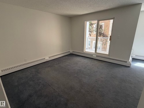 Spacious room featuring gray carpeting, white walls, and a sliding glass door providing access to an outdoor balcony with white railings - 213 17467 98A Avenue, Edmonton, AB 
